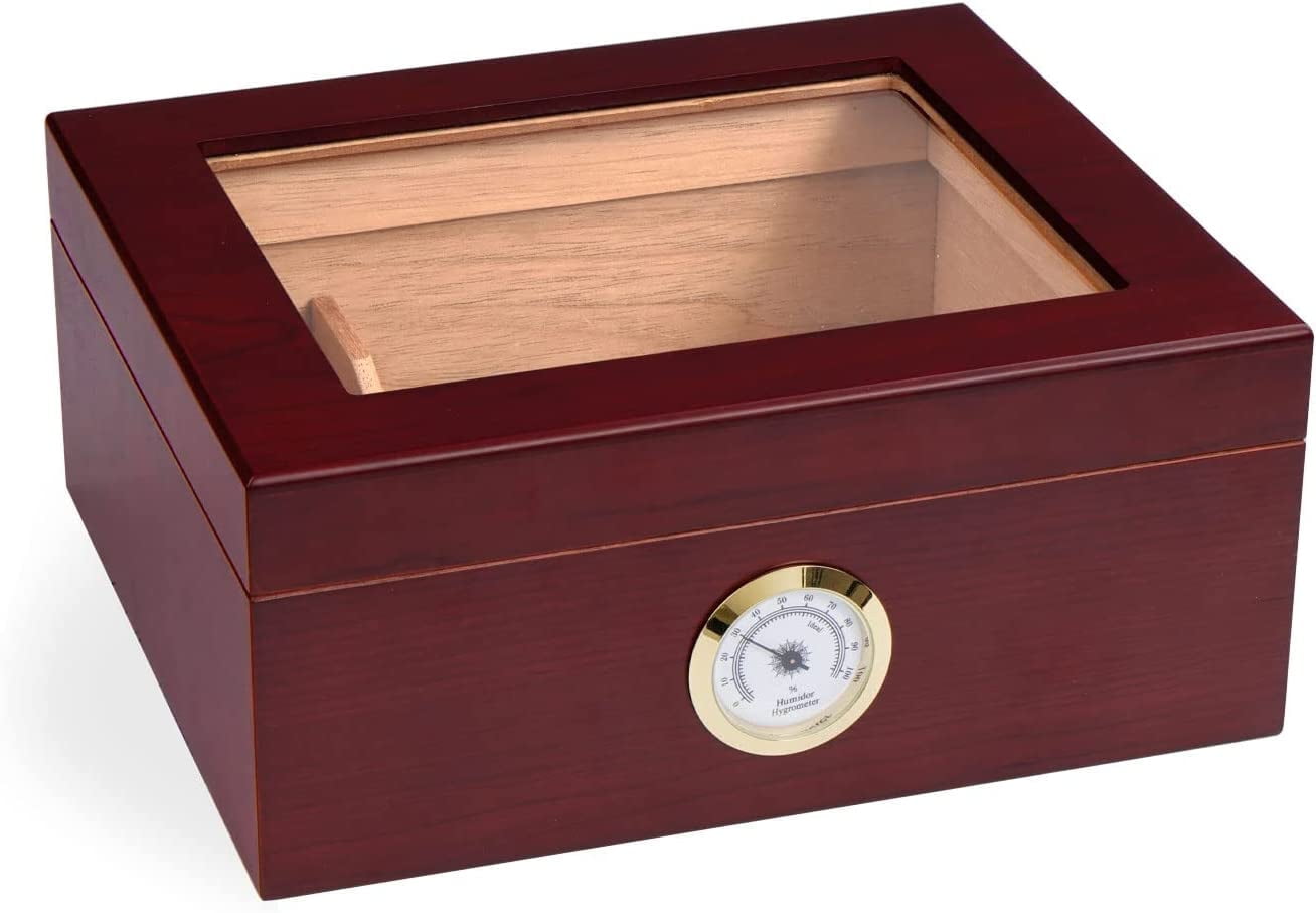 Jansfuren Cigar Humidor, Glass Top Handcrafted Cedar Humidor, Desktop Humidifier Storage Box with Hygrometer for 25-50 Cigars, Handcrafted Rosewood Finish, Gift for Men