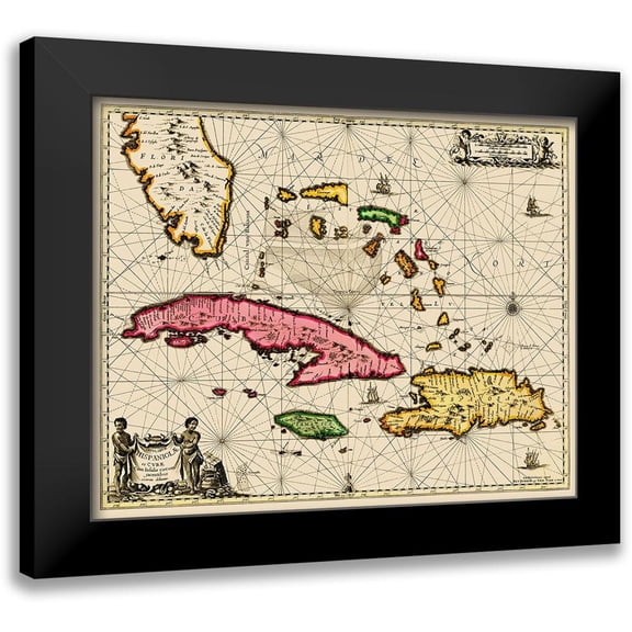 Jansson 14x12 Black Modern Framed Museum Art Print Titled - Sea Chart Bahamas Cuba Jamaica - Jansson 1650