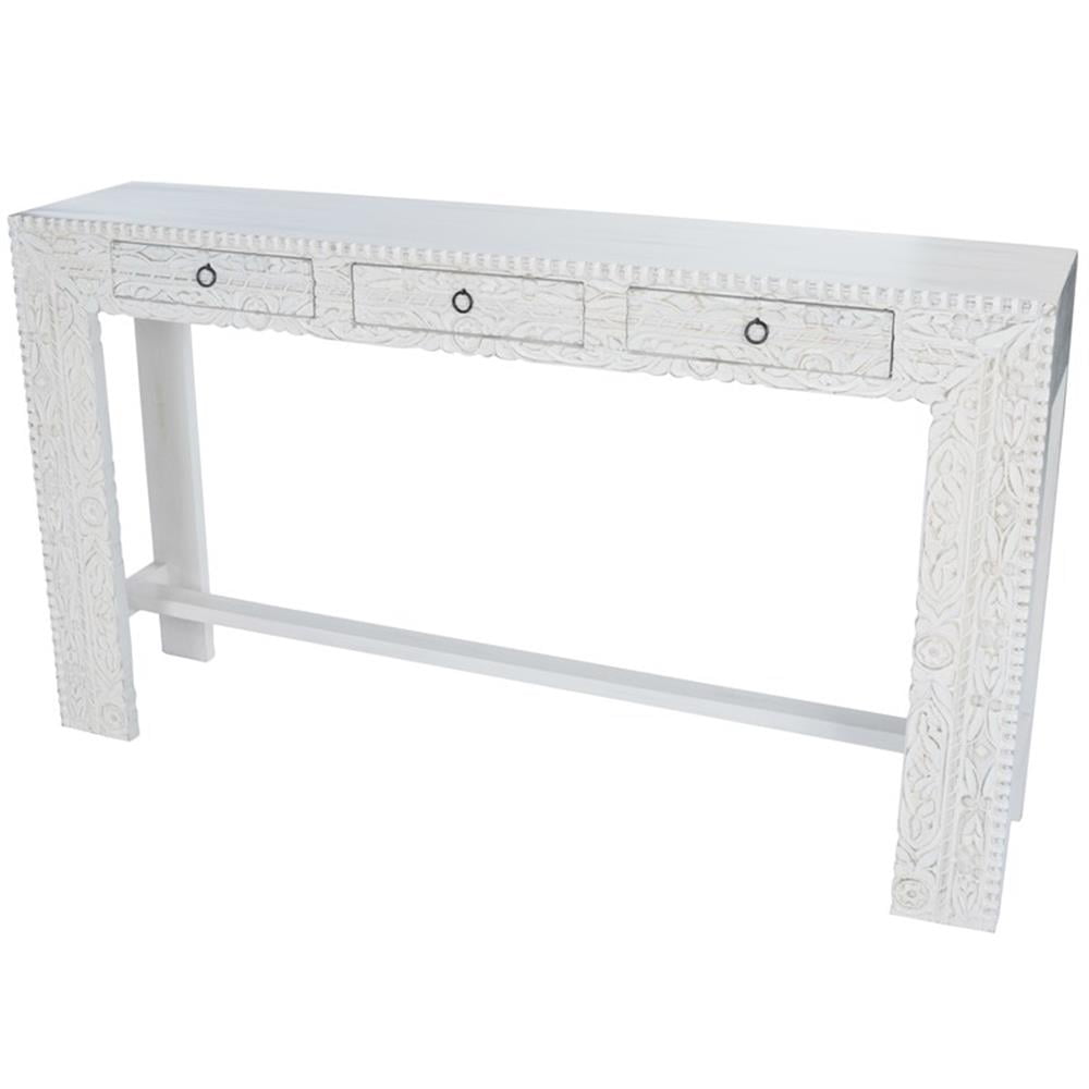 Light Mango Wood Carved Entryway Console Table with Storage