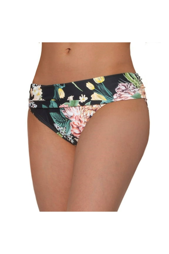 Women's Pus Floral Print UPF 50 Fold-Over Hipster Swim Bikini Bottom-Black / 14