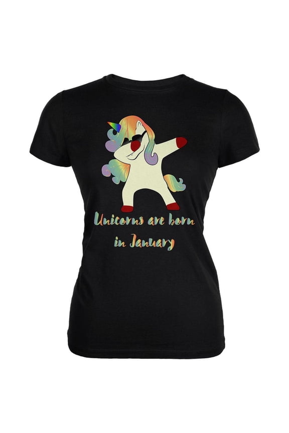 January Birthday Dabbing Unicorn Sunglasses Juniors Soft T Shirt Black X-LG