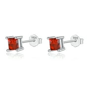 January Birthstone Garnet CZ Stone Sterling Silver Square Stone 4 Claws Stud Earring Hypoallergenic