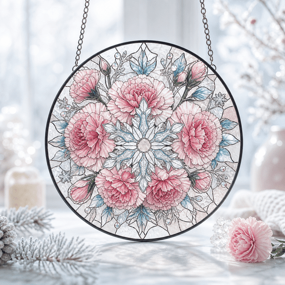 January Carnation Stained Glass Suncatcher Snowflake Medallion Window Hanging