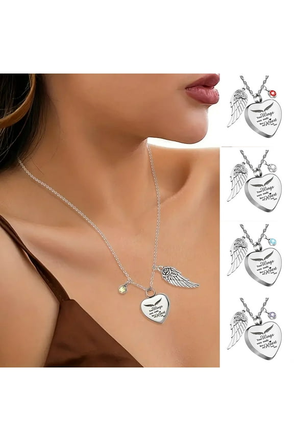 January to December Birthstone Heart Necklace with Angel Wings Bone Ash Storage Red Rhinestone Personalized Gift for Friends And Lovers Daily Wear And Party Jewelry