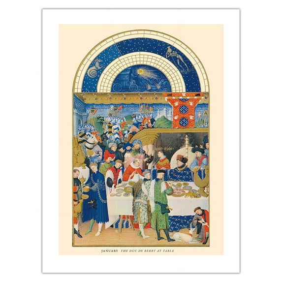 January: Duc de Berry at Table - Book of Hours (Très Riches Heures) - Vintage Illuminated Manuscript by Limbourg Brothers c.1416 - Bamboo Fine Art 290gsm Paper Print (Unframed) 18x24in