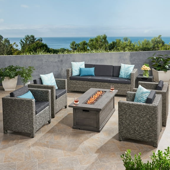 January Outdoor 7 Seater Wicker Chat Set with Fire Pit, Mix Black and Dark Gray