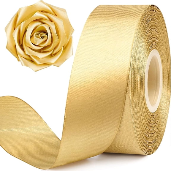 Januofit 1-1/2 Inch Wide Champaign Gold Satin Ribbon, 50 Yards Solid Polyester Fabric Ribbon for Roses Making, Gift Wrapping, Christmas, Wedding Decorations, Crafts, Bows