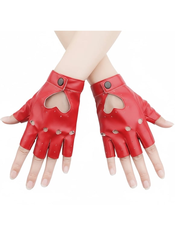 1 Pair Half Finger Leather Gloves - Stylish Red Fingerless Biker Punk Gloves for Halloween, Women, Girls, Cosplay, Performance