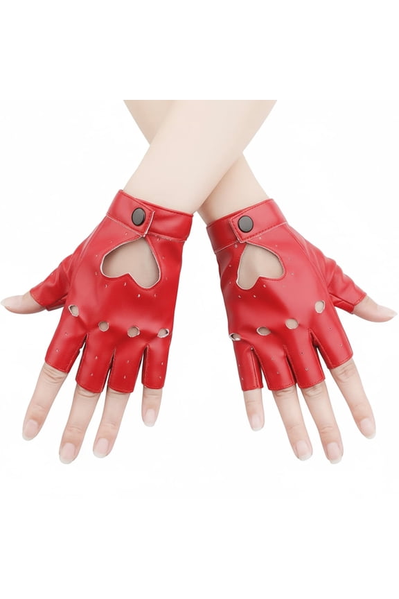 1 Pair Half Finger Leather Gloves - Stylish Red Fingerless Biker Punk Gloves for Halloween, Women, Girls, Cosplay, Performance