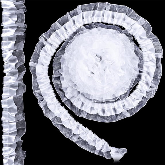 Januofit 10 Yards Organza Lace Ribbons, Vintage Floral Pleated Ruffle Lace Trim, Gathered Ruffle Trim with Wavy Edge for Dress Flowers Wedding Party Embellishment DIY Crafts- White