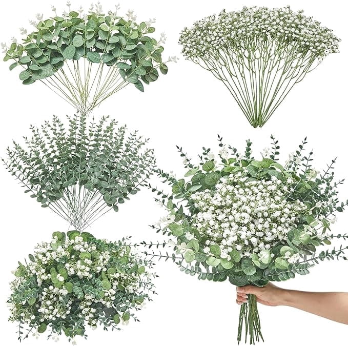 Januofit 100 Pcs Mixed Artificial Eucalyptus Stems,Babys Breath Artificial Flowers Bulk with Faux Eucalyptus Leaves Greenery Stems for Wedding DIY Bouquets Floral Arrangement Home Decor