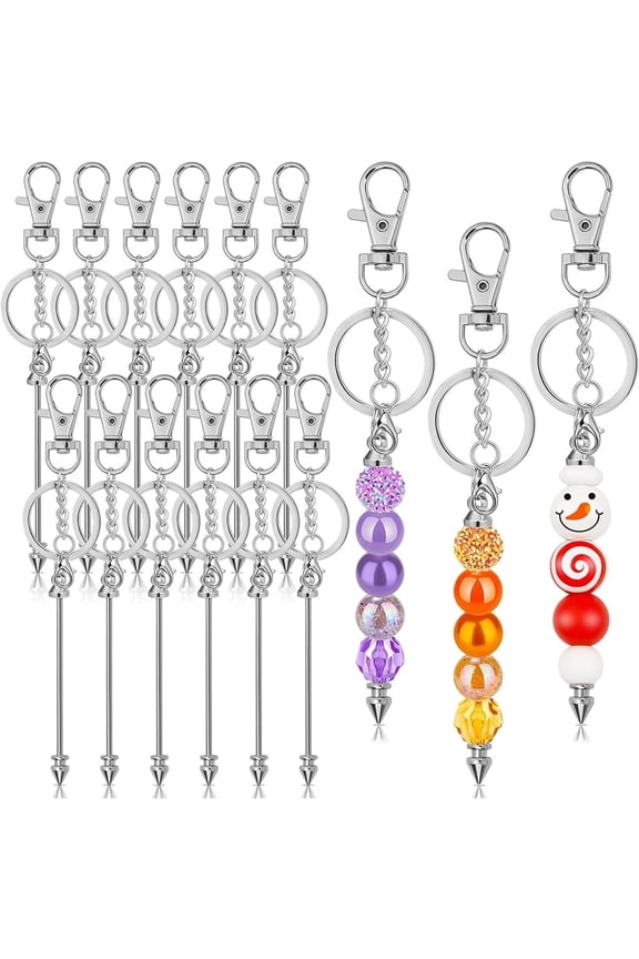 12 Pcs Beadable Keychain Bar, Silver Bead Keychain Beaded Item for Pendant DIY, Alloy Blank Key Chain Accessories Bulk for Beadable Gift Jewelry Making Supplies