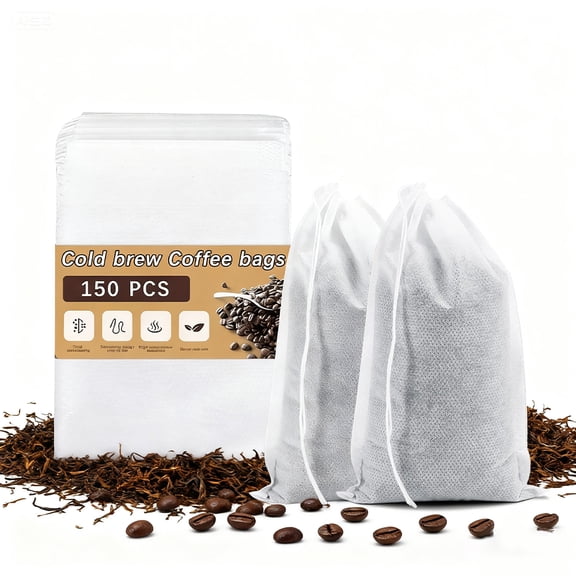 Januofit 150 Pcs Cold Brew Bags No Mess Disposable Cold Brew Coffee Filter Pouches with Drawstring Large Empty Tea Bag for Loose Leaf Tea, Iced Coffee, Herbs, Spice, Home brewing, Hot pot