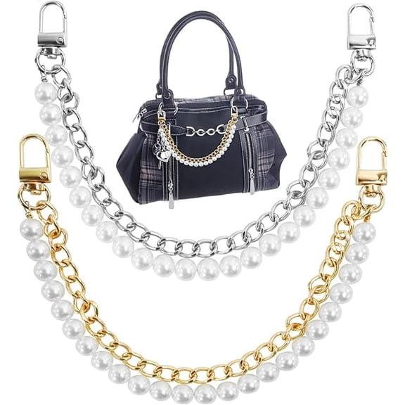 Januofit 2 Pcs Pearl Purse Chain Handbag Straps, Metal Shoulder Crossbody Bags Short Handle Replacement Bag Charm Chain, Purse Charms for Handbags(Gold and Silver)