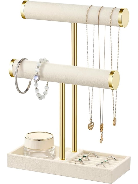 2 Tier Bracelet Holder Display - Detachable T Bar Beige Velvet Bracelet Holder, Jewelry Holder Organizer for Bracelet, Necklace, Earrings, Rings