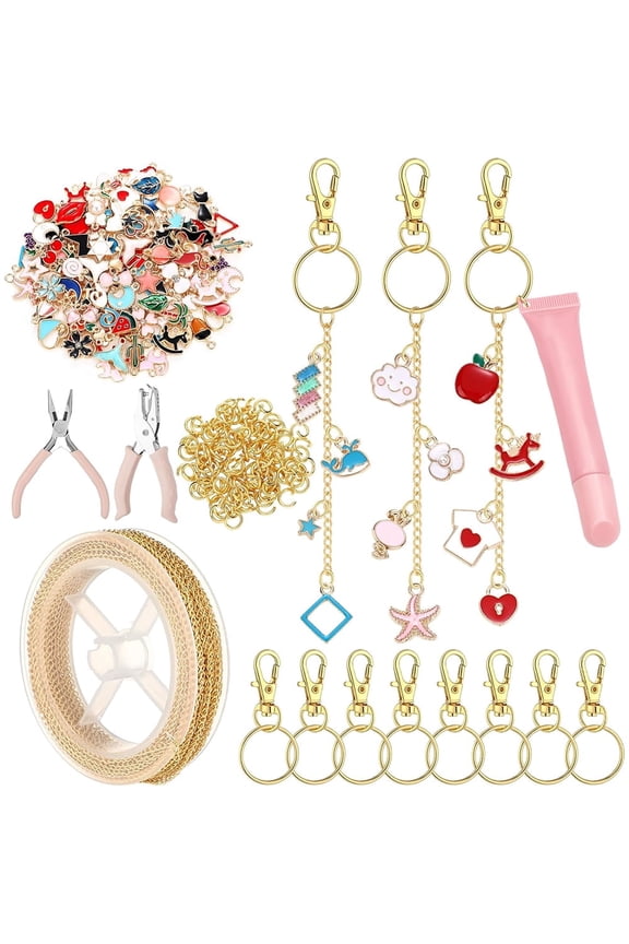 213 Pcs Lip Gloss Keychain Making Kit 100 Pink Enamel Charms 32.81 ft Gold Chains for DIY Crafts Women(Stylish)