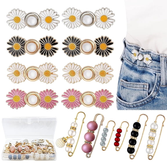Januofit 22 Pieces Pant Waist Tightener, 14 Set 10 Style Removable Jean Button Pins, Instant Jean Buttons for Loose Jeans, No Sewing Required Pants Clips for Waist