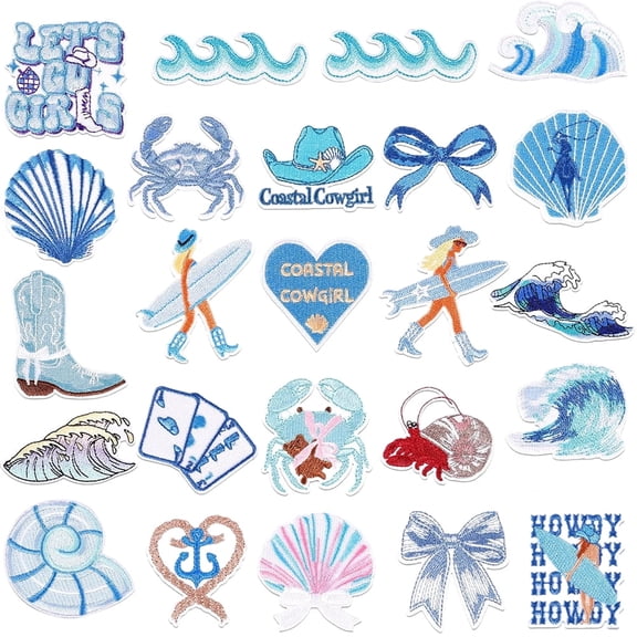 Januofit 24Pcs Coastal Cowgirl Iron On Patches for Hats, Summer Ocean Embroidered Blue Patches for Girls, Heat Press Embroidery Patch for Trucker Hat/Clothes/Denim Jeans/Beach Bags