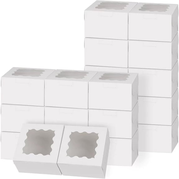 Januofit 24pcs White Cookie Boxes, 4x4x2.5 Inches Bakery Boxes with Window, for Mini Cake Treat Dessert Pastry Donuts Macaroon Strawberries Chocolate Candy (with Stickers)