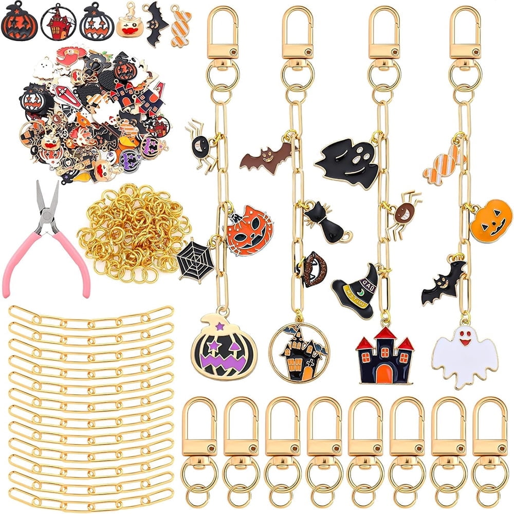 Januofit 286 Pieces Halloween Charms Keychain Making Kit Halloween Ghost Black Cat Bat Witch Hat Charms for DIY Carfts Keychains Jewelry Making Adult Party Favor Women Bag Gifts