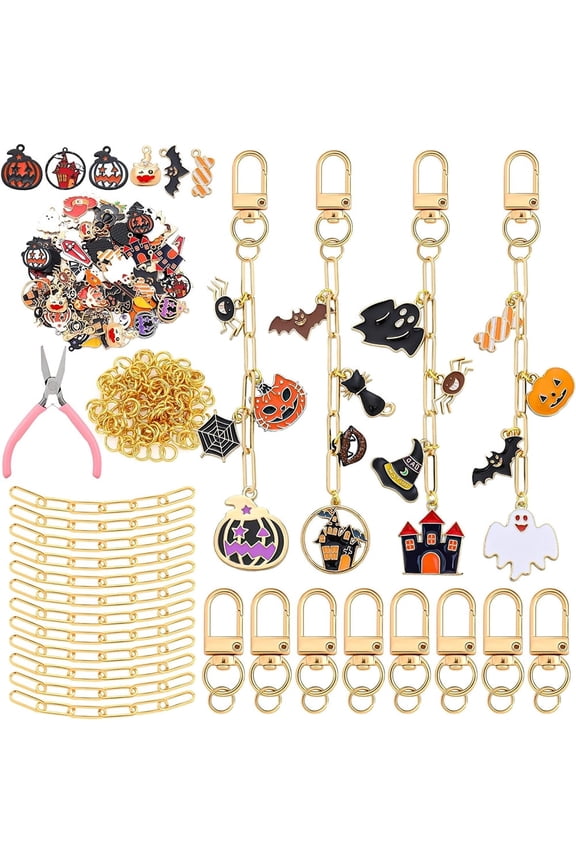 286 Pieces Halloween Charms Keychain Making Kit Halloween Ghost Black Cat Bat Witch Hat Charms for DIY Carfts Keychains Jewelry Making Adult Party Favor Women Bag Gifts