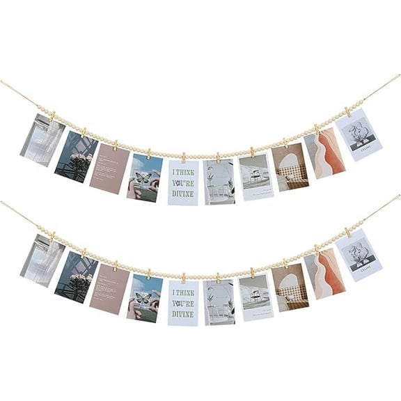 Januofit 2Pcs Hanging Photo Display with Clips, Boho Wooden Bead Garland Collage Picture Frame Wall Decor, Photo String with 9 Clips for Bedroom Room Dorm Cubicle Decor, Christmas Teen Girls Gifts
