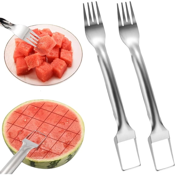 Januofit 2Pcs Watermelon Fork Slicer Cutter, Stainless Steel 2-in-1 Watermelon Fork Slicer, Portable Tool for Home Party Camping Kitchen Gadget