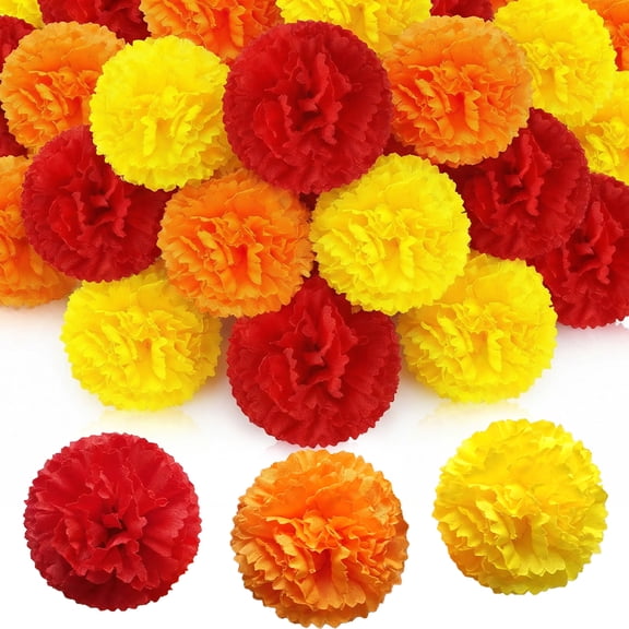 Januofit 30 Pcs Marigold Flower Heads Bulk, Mexican Artificial Marigold Flowers for Day of The Dead Decorations Wreath Garland Craft Diwali Dia De Los Muertos Halloween Home Decor Red Orange Yellow