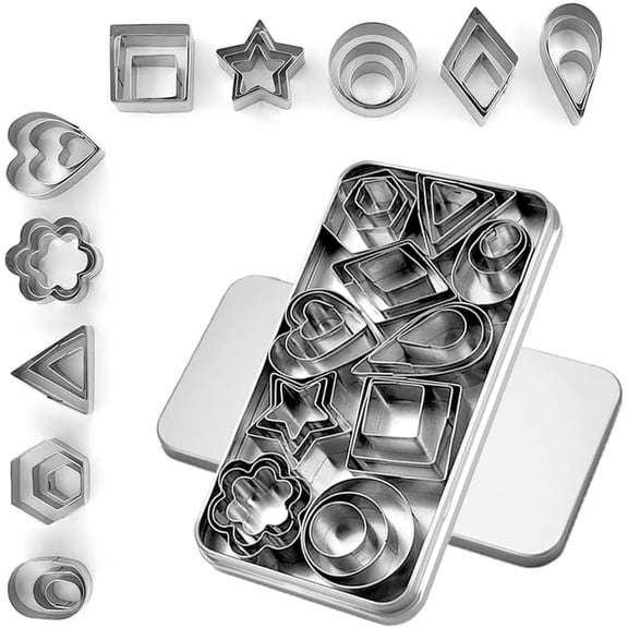 Januofit 30Pcs Mini Cookie Cutter Set with Box, Small Stainless Steel Fruit Veggie Tiny Polymer Clay Cutters for Kids, Geometric Set for Biscuit Mold
