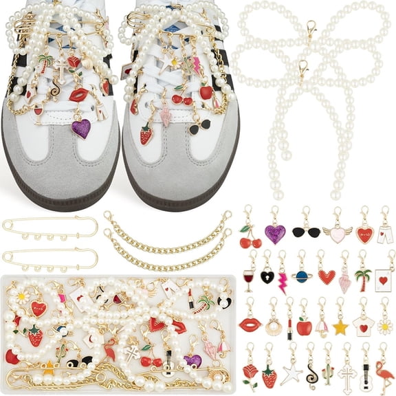 Januofit 36 Pcs Shoe Charms Kit, Gold Flower Shoe Charms for Sneakers, Gold and Pearl Shoelace Charm for Sneakers, Bow Charm for Shoes, Cute Shoelace Decorations for Personalized Style