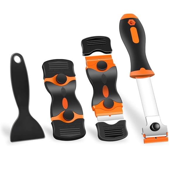 Januofit 4 Pack Razor Blade Scraper, Premium Cleaning Scraper Tool with 50 PCS Metal & Plastic Razor Blades, Multi-Purpose Glass Scraper for Windows, Sticker, Decals, Cooktop, Paint Removal (Orange)
