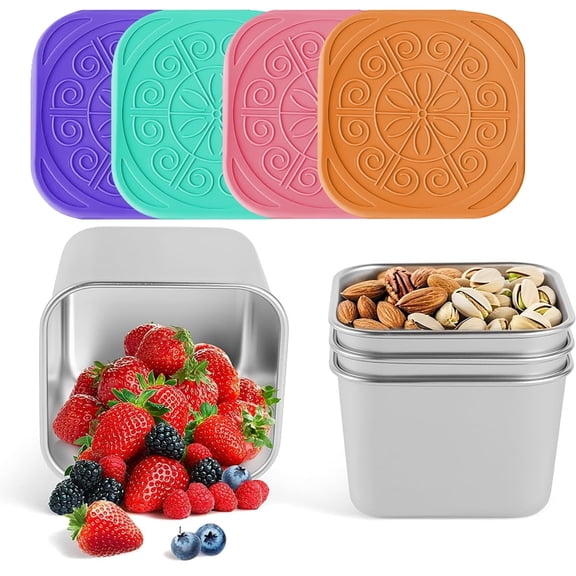 Januofit 4Pack 6oz Reusable Stainless Steel Snack Containers for Kids, Easy Open Leak Proof Metal Small Toddler Snack Containers with Silicone Lids, Stackable Metal Toddler Lunch Box for Daycare Scho