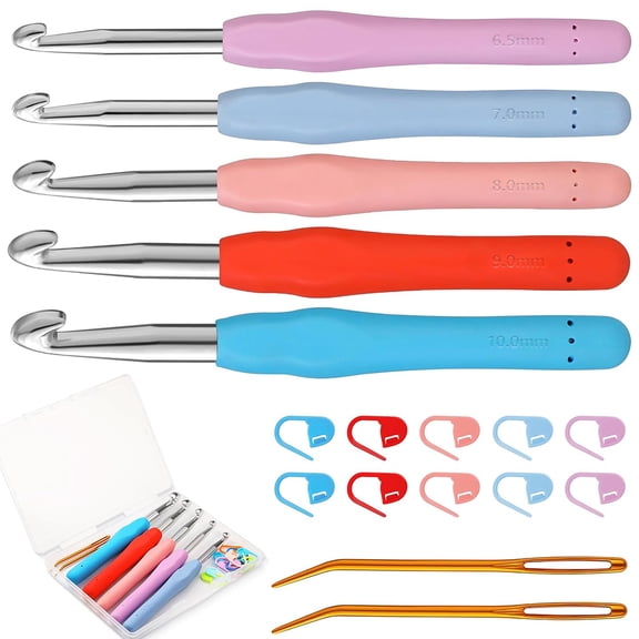 Januofit 5 Sizes Crochet Hook Set, Large Crochet Hooks Yarn Needle Kits Knitting Needles with Ergonomic Handles for Crocheters Beginners
