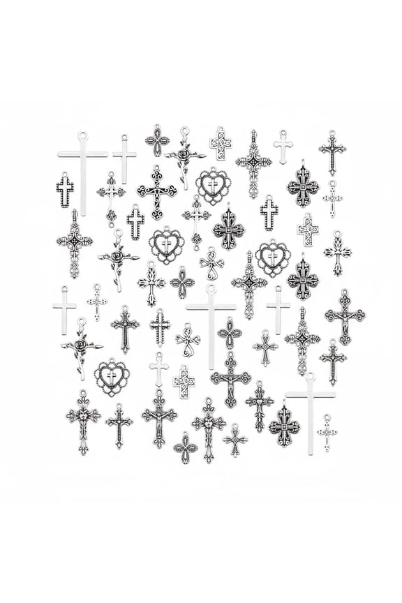 60 Pcs Antique Silver Cross Charms, Alloy Crucifix Pendant Connector for Bracelet Earrings Necklace Jewelry Making (15 Styles)