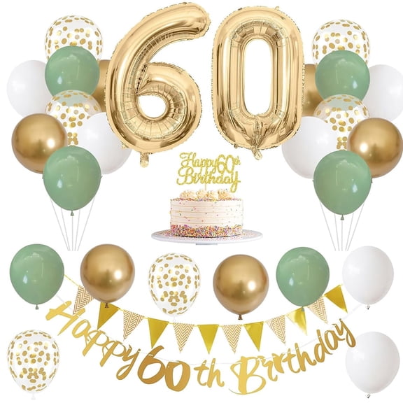 Januofit 60th Birthday Decorations for Men Women, Sage Green White Gold Balloons With Happy 60th Banner, Cake Topper, Number 60 Foil Balloon for 60 Year Old Party Decoration