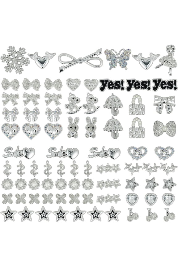 80 Pcs Big Junk Charms Bulk, Bling Flat Back Charms for Junk Socks, Silver Rhinestone Charm for Socks, Hearts, Bows, Stars, Bunnies, and More Cute DIY Decorations