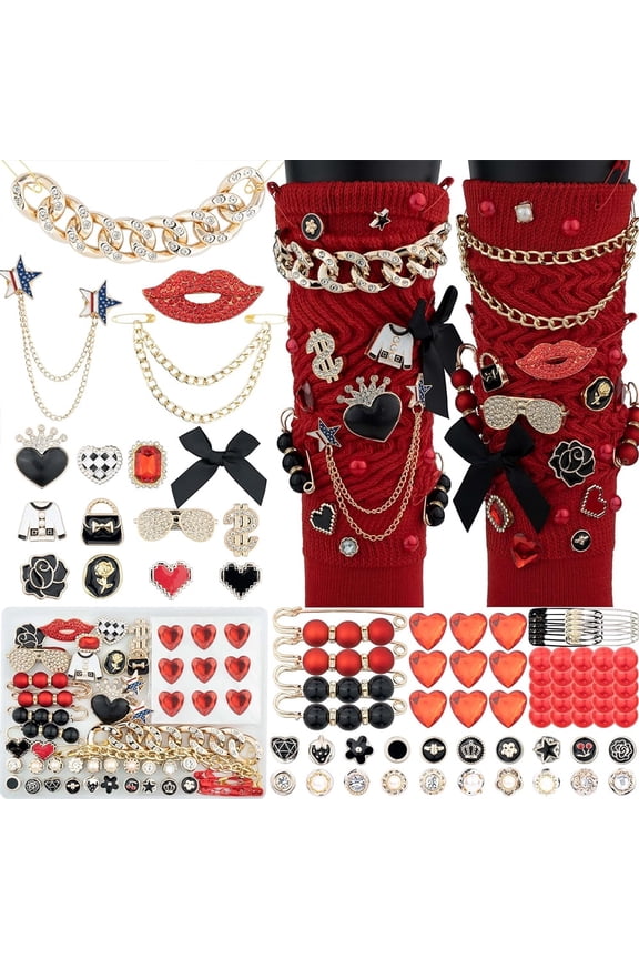 85 Pcs Junk Socks Charms Kit, Black and Red Charms for Socks, Brooches and Pins for Women, ShoeCharms with Bows, Sneakers DIY Kit with Pearls Rhinestones Chains