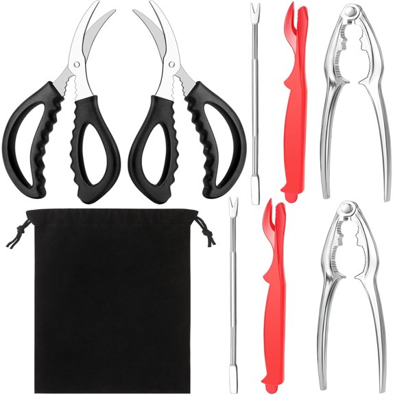 Januofit 8Pcs Crab Cracker Tool Set, Stainless Steel Crab Crackers, Lobster Sheller, Fork, Scissors & Storage Bag, Crab & Lobster Eating Utensils for Seafood Lovers