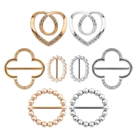 Januofit 8pcs Cute Scarf Ring, Premium Shirt Tie Clips for Women Clothing accessories, 4 Elegant Styles T-shirt Waist Cinch Clip Buckles with Rhinestone Accents (Gold/Silver)
