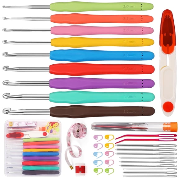 Januofit 9 Sizes Crochet Hook Set, 34 Pack Crochet Hooks Yarn Needle Kits Knitting Needles with Ergonomic Handles for Crocheters Beginners 2.0mm~6.0mm