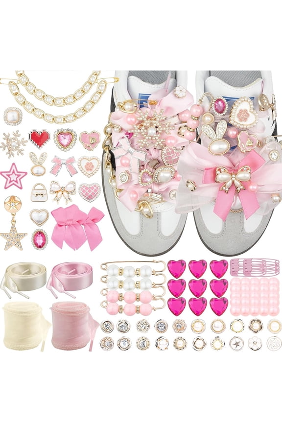 95 Pcs Pink Shoe Charms for Sneakers, Junk Socks Charms Kit with Satin & Lace Shoelaces, Pink Sneaker Charm for Women, Cute Shoelace Sock Charm for DIY