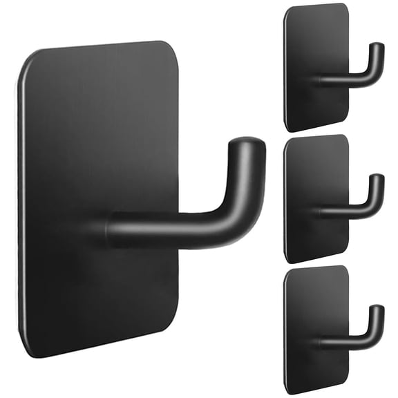 Januofit Adhesive Hooks for Bathrooms, 4 Piece Towel Hooks for Hanging Hat Robe Coat, Stick on Hooks for Kitchens, Strong Self-Adhesive No Damage Waterproof Stainless Steel Sticky Hook (Black)