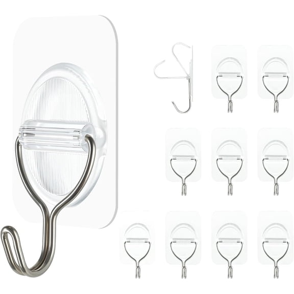 Januofit Adhesive Wall Hooks No Damage, Stick On Hooks for Hanging 10 Pack - Transparent Stainless Steel 5KG Heavy Duty, Waterproof Removable (3.5x5.3cm) Kitchen Bathroom Office, Ganchos para Pared