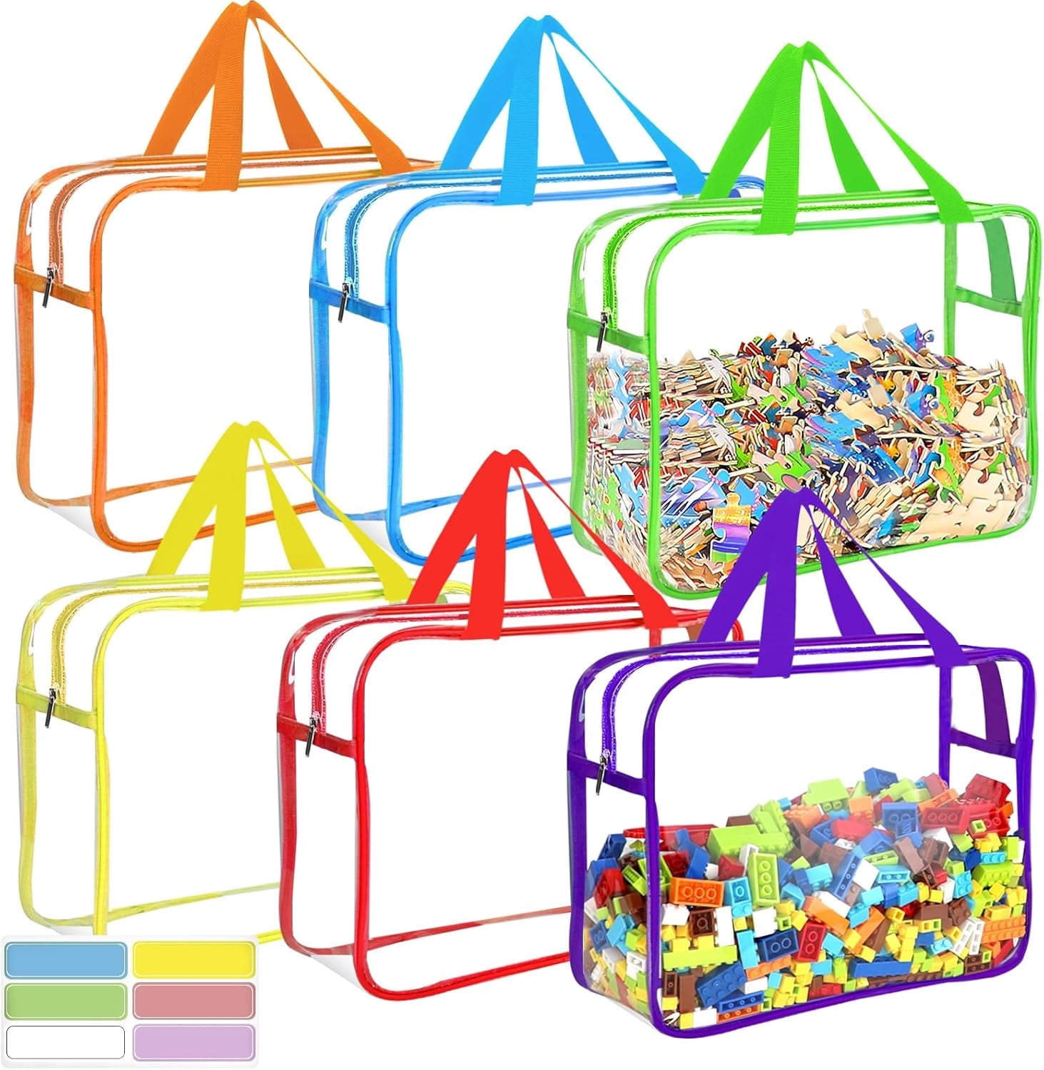 Januofit Auckpure 6 Pcs Large Toy Storage Bags with Labels, Reusable Clear PVC Board Game Storage, Travel Waterproof Organizer Bags with Zipper for Building Blocks, Puzzle, Kids Books（6 Colors）