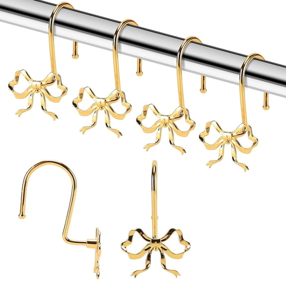Januofit Bow Shower Curtain Hooks, 12 Pack Metal Decorative Rings, Rustproof Bow Knot Design for Bathroom Bedroom Living Room Baby Room Nursery Art Decor (Gold 2)