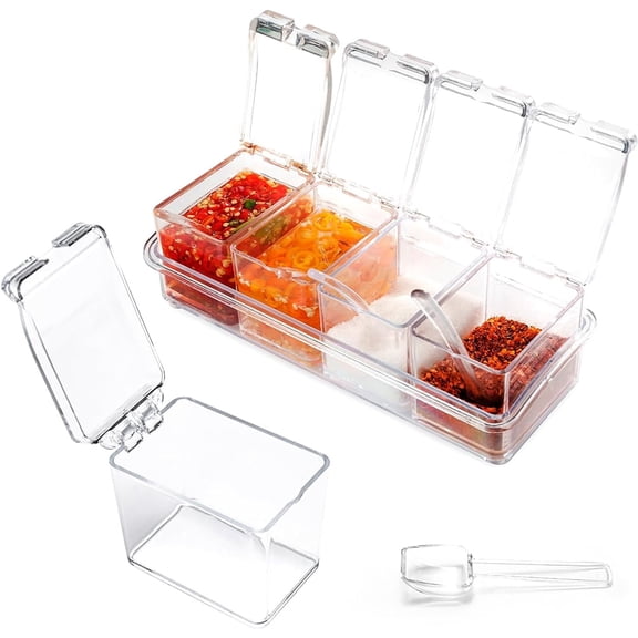 Januofit Clear Seasoning Box, 4 Piece Seasoning Rack Spice Pots, Plastic Storage Container Condiment Jars with Lids and Spoon, Storage Container Spice Jar for Salt Sugar Tea Herbal Coffee Beans