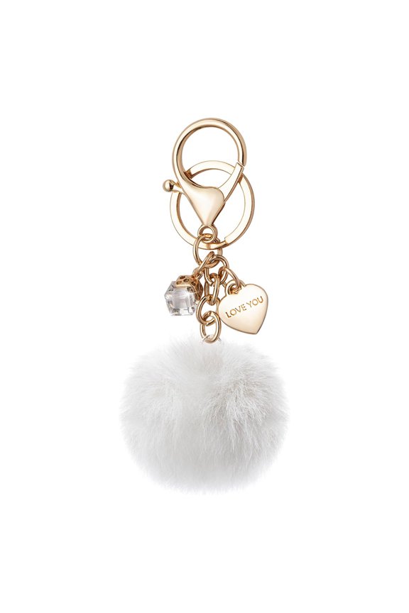 Fashion Keychain for Women, Cute Heart Bling Key Chain Accessories Pom Pom for Backpack