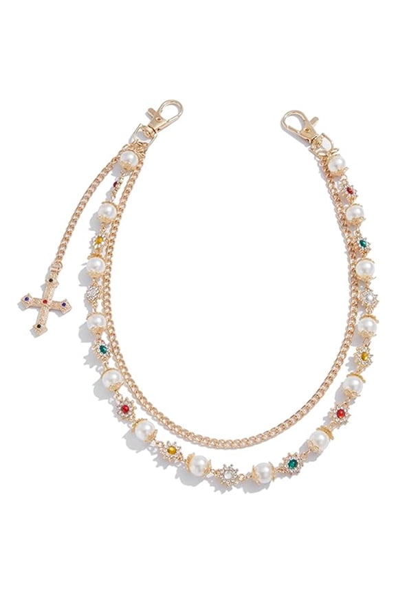 Fashion Layered Pants Wallet Chains - Exquisite Gold Silver Rhinestone Flower Pearl Jean Pocket Chain for Women Men Cute Bag Purse Charms Jewelry