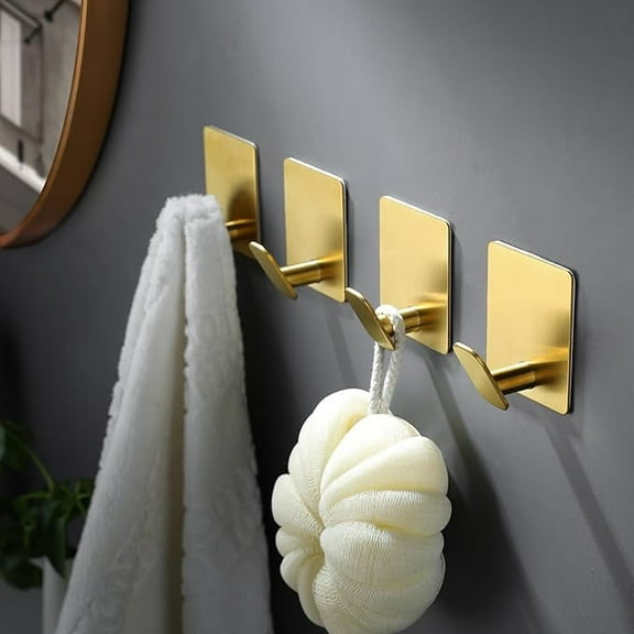 Januofit Gold Towel Hooks- 4 Pack Adhesive Hook for Coat Robe Clothes Stick on Bathroom Wall Brushed Gold Finish Heavy Duty, Stainless Steel