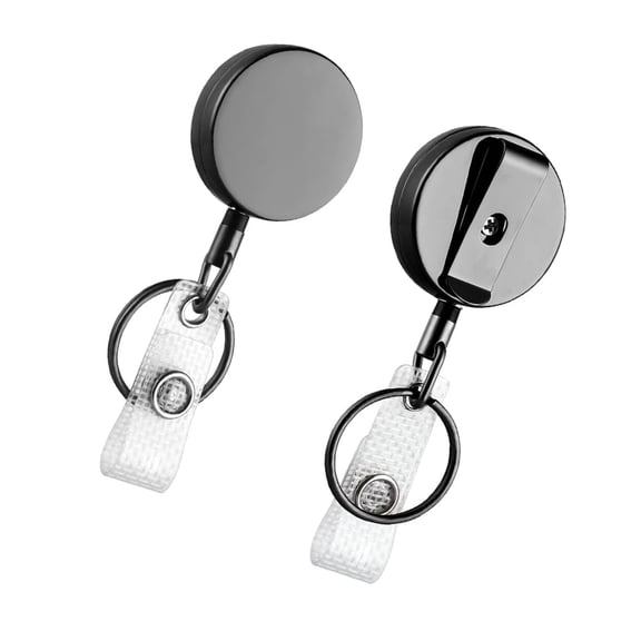 Januofit ID Badge Holder Reel with Clip and Keyring - Heavy-Duty All-Metal Casing with 27.5" UHMWPE Fiber Pull Cord for Durability and Easy Access, Holds up to 8 Keys - 2-Pack, Round, Glossy Black